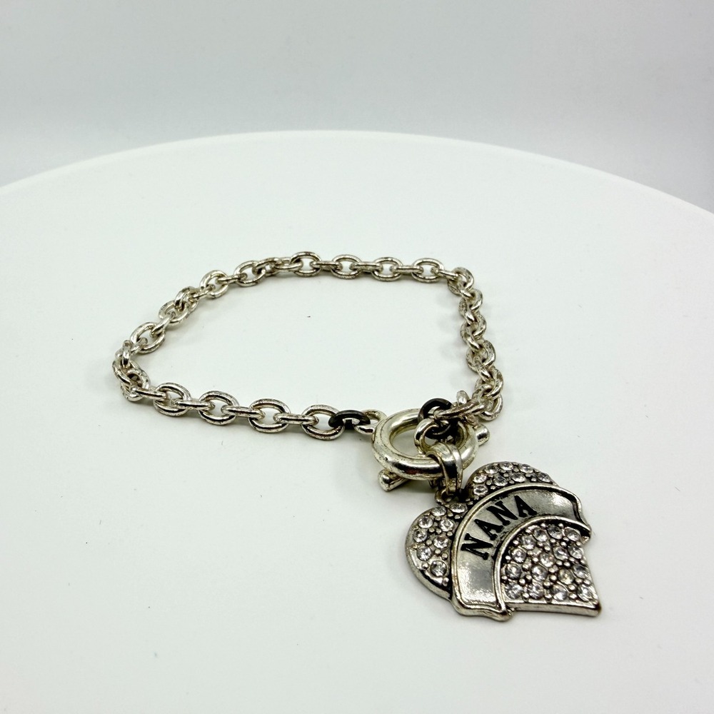Vintage Y2K Silver Tone Rhinestone Nana Heart Charm Toggle Bracelet 7in